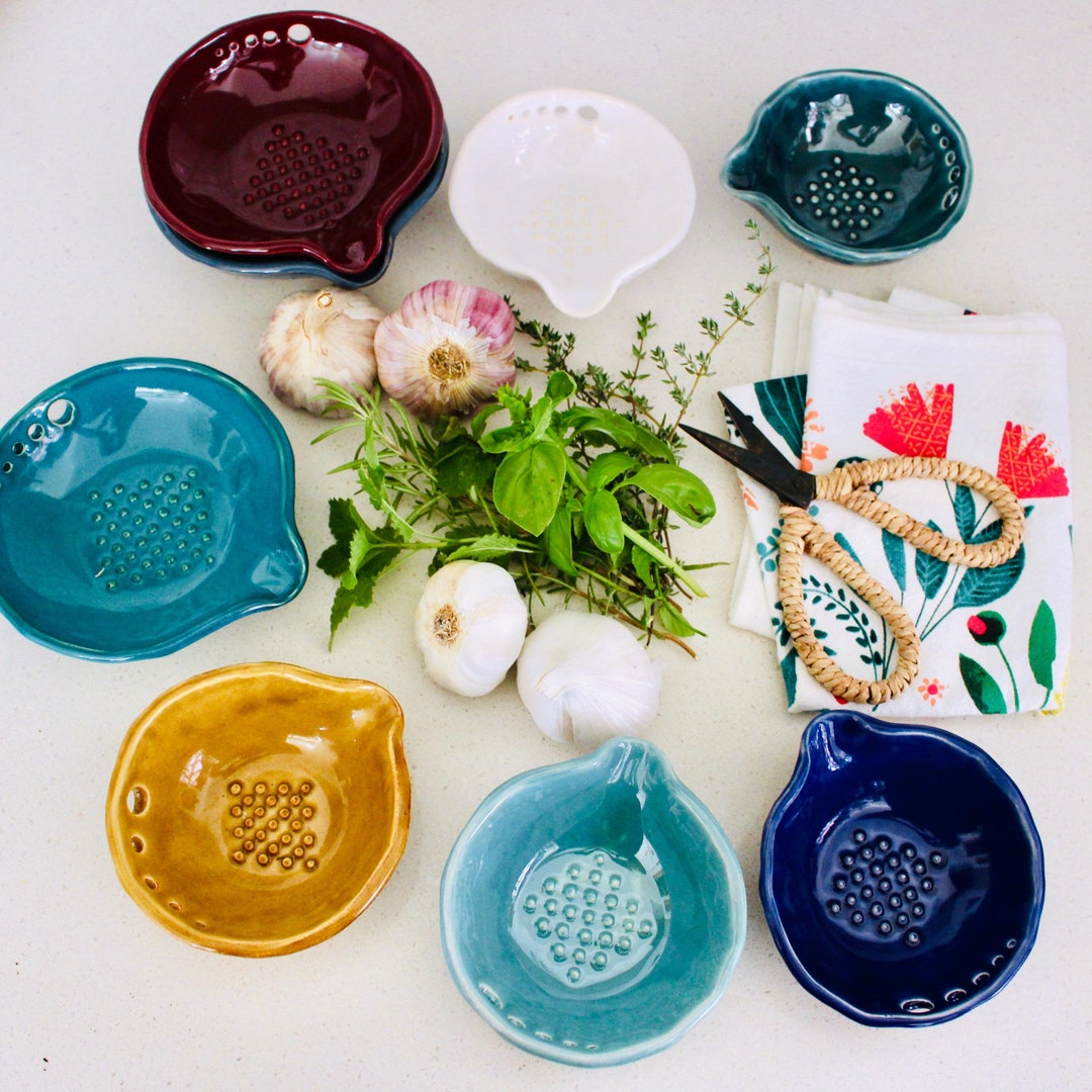 Herb Stripper and Garlic Grater in One - Salad Dressing Bowl - Handmade Pottery Kitchen Tool Dish