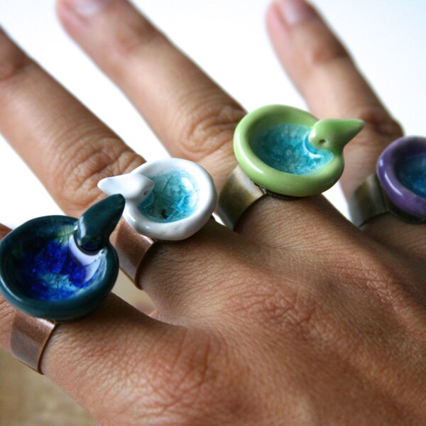 Tiny Bird Bath Statement Ring - Crackle Aqua Glass - Ring Dish Home Decor - OOAK Apple Green - Ready to Ship