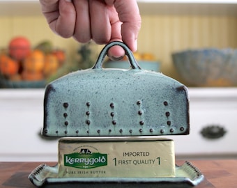 Butter Dish European Size with Lid and Handle - Rustic Aqua Mist - French Country Home Decor - READY TO SHIP