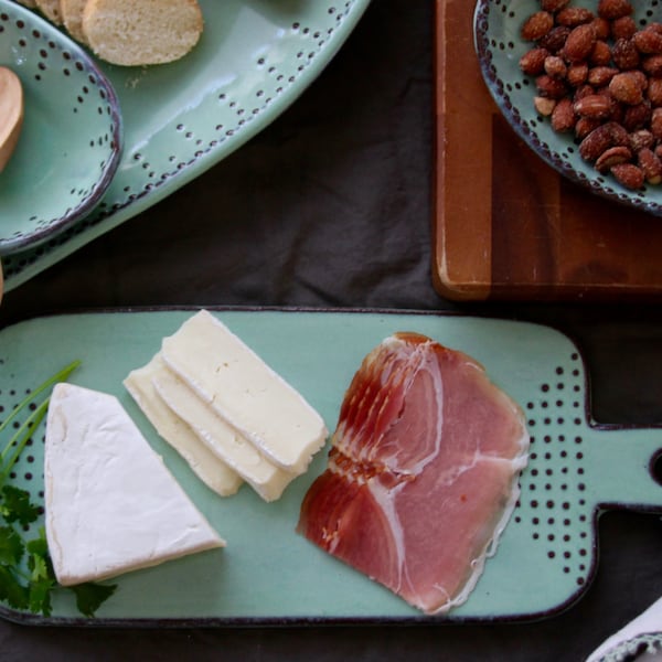 Cheese Stone with Geometric Dot Design - Charcuterie Cheese Board in Rustic Aqua Mist - Crudite Tray - Sushi Platter - Modern Ceramic Dish