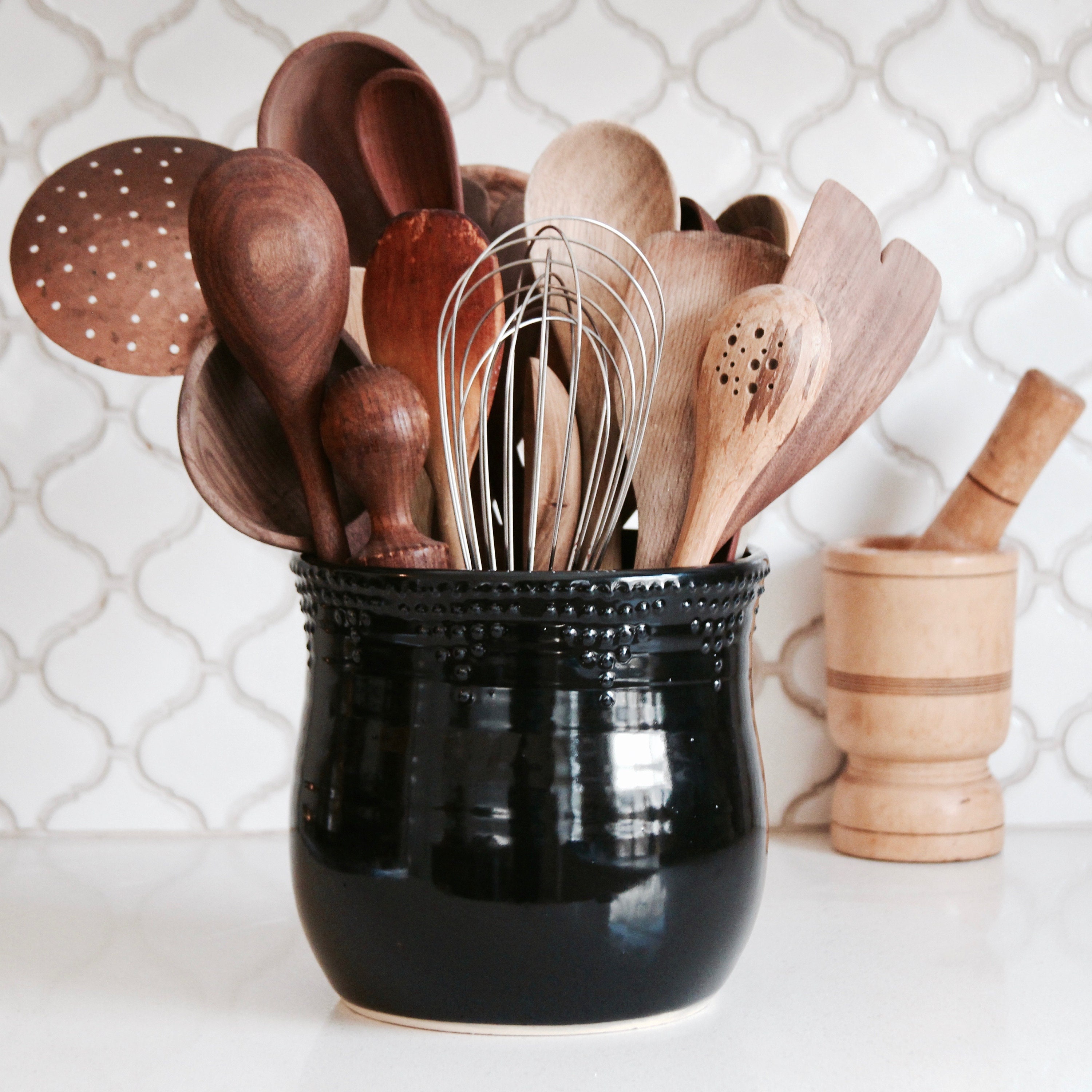 Extra Large Utensil Crock - Black Utensil Holder - Rustic Farmhouse Kitchen Canister - Cooking Utensil Holder for Countertops