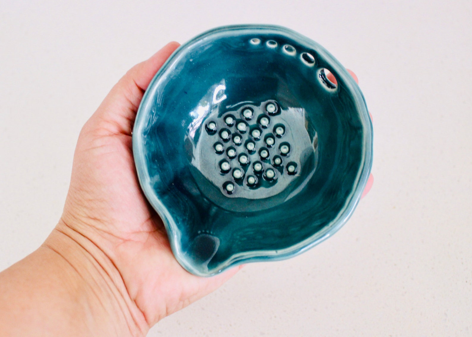 Garlic & Herb Bowl - Herb Stripper and Garlic Grater in One - Kitchen Tool - Salad Dressing Bowl - Handmade Stoneware Dish - READY TO SHIP - Dark Teal, SMALL - 4.5 inches