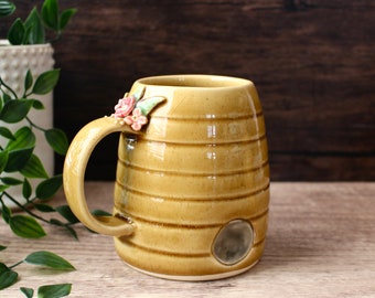 Bee Hive Mug with Flowers - Hand Thrown Pottery Cup with Handle - 16 oz. - Handmade Modern Gift - READY TO SHIP