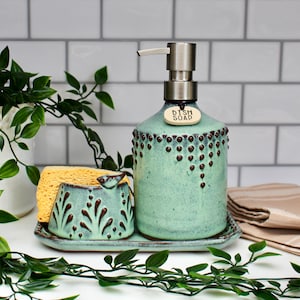 Kitchen Soap Dispenser Set with Sponge Holder and Tray in Aqua Mist - Lotion Bottle or Liquid Dish Soap - Modern Farmhouse Soap Bottle