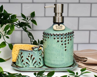 Kitchen Soap Dispenser Set with Sponge Holder and Tray in Aqua Mist - Lotion Bottle or Liquid Dish Soap - Modern Farmhouse Soap Bottle