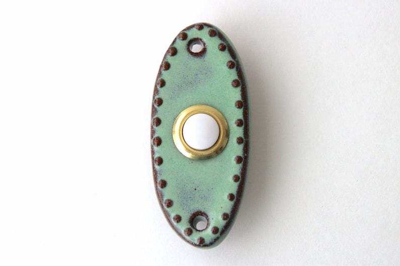 Doorbell Tile Plate Cover Small Oval with Standard Button Rustic Aqua Mist Handmade Modern Home Decor image 1