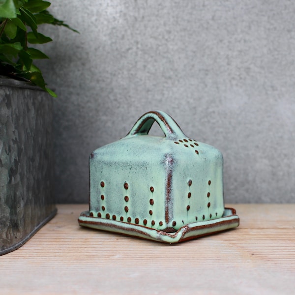 Small / Mini Butter Dish with Lid - Half Butter Stick - Rustic Aqua Mist - French Country Home Decor - READY TO SHIP