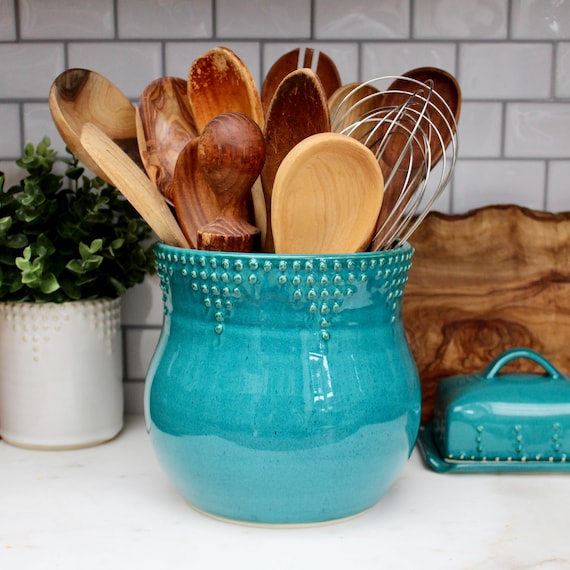 DOWAN Porte-ustensiles Rotatif à 360° De 19,3 Cm, Grand Pot à Ustensiles En Céramique Pour Décoration De Cuisine, Fond En Liège, Blanc Moucheté