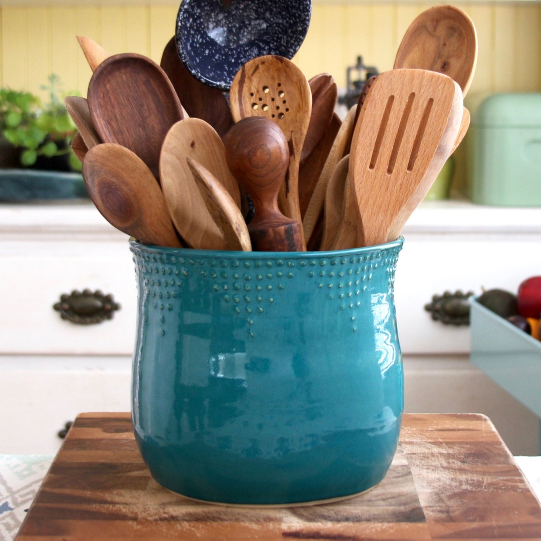 Gray Wood Wall Mounted or Countertop Utensil Holder, Kitchen Crock with 3 Compartments and Crate-Style Design