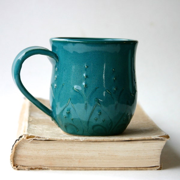 Pottery Mug - Ceramic Coffee Cup - Deep Dark Teal - OOAK - Ready to Ship