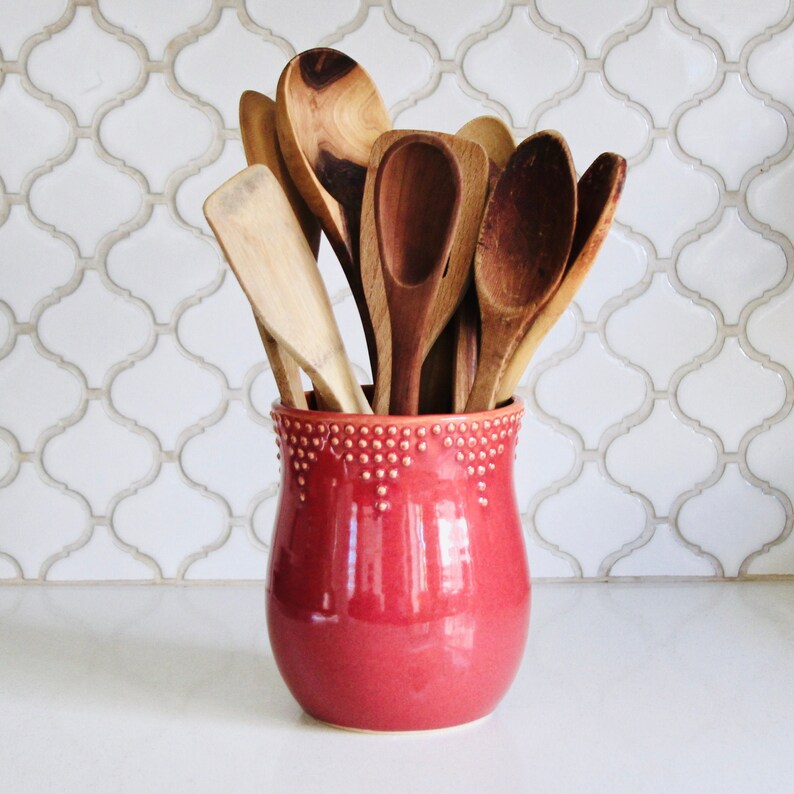 Utensil Crock Large Red Utensil Holder Modern Farmhouse Etsy