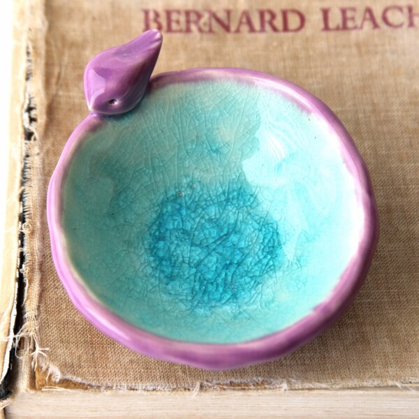 Bird Bath Ring Dish - Crackle Water Aqua Glass - Ring Catcher Home Decor - OOAK Purple Periwinkle Orchid - Ready to Ship