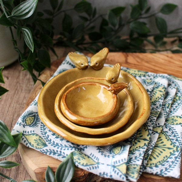 Nesting Bird Dishes - Spicy Mustard - Bird Family Bowls - Ring Dish Jewelry Holder - Farmhouse Home Decor - READY TO SHIP