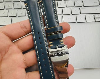 Tudor 22mm Dark Blue Leather Watch Strap With Silver Deployment Clasp Solid Genuine
