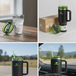 May include: Black and green insulated tumbler with a handle and straw. The tumbler has the "Stanley" logo and a green lid. A glass of water and the tumbler's box are also shown.