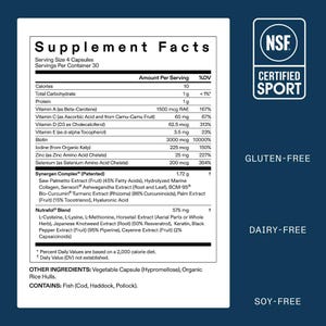 Op de afbeelding: Etiket met voedingsfeiten met voedingsinformatie, inclusief vitamines, mineralen en een mix van ingredi&euml;nten. Het etiket is gecertificeerd door NSF voor sport en is glutenvrij, zuivelvrij en sojavrij.