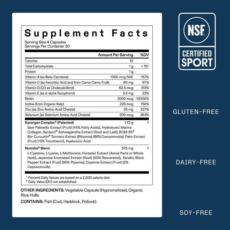 Op de afbeelding: Etiket met voedingsfeiten met voedingsinformatie, inclusief vitamines, mineralen en een mix van ingredi&euml;nten. Het etiket is gecertificeerd door NSF voor sport en is glutenvrij, zuivelvrij en sojavrij.