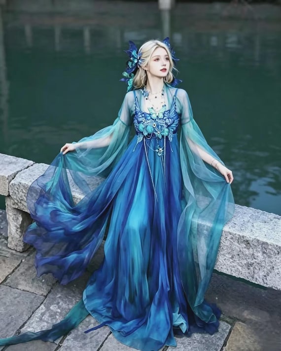 blue butterfly inspired dress Fairy Hanfu Dress, Gradient Chiffon Cosplay Gown/complimentary Handmade Fan richly decorated corset fastened Size:XL / US 12-14 Fashion designer not in warehouse sale SHEIN MOD Women's Overall