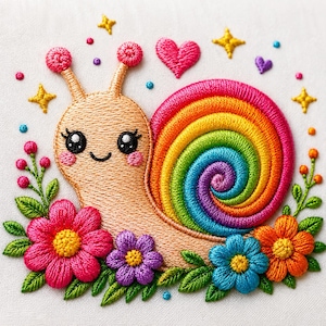 Puede incluir: Un diseño de bordado que muestra un caracol de color beige con una concha en espiral de colores del arcoíris, ojos negros grandes y mejillas rosadas. El caracol está rodeado de flores bordadas, hojas verdes, estrellas amarillas y un corazón.