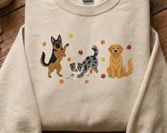 Autumn Dogs Crewneck Sweatshirt, Cozy Fall Leaves Design