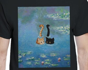Swimming Cats Art T-Shirt Impressionist Style Cat Painting with Water Lilies Cat Meme Shirt Cute Cat Tshirt Couple Tshirt