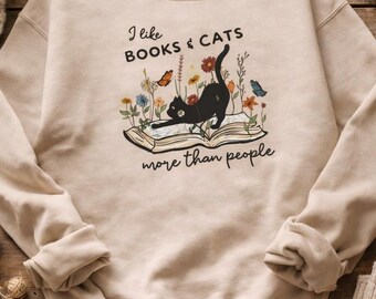Books & Cats Sweatshirt Cozy Cat Lover Sweater Comfy Bookish Pullover Gift for Introverts Womens Sweatshirt