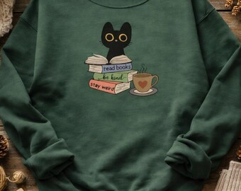 Bookish Cat Sweatshirt: Read Books, Be Kind Crewneck