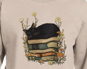 Sleeping Cat on Books Sweater Cozy Book Lover Cat Sweatshirt Womens Sweatshirt