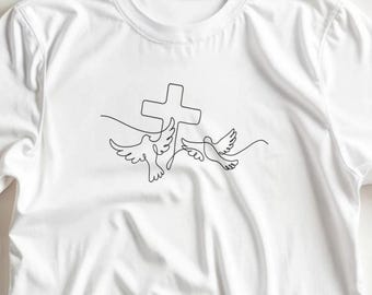 Cute Dove T-Shirt with Cross Christian Faith Tee Gift for Believers Gift for Her Dove Symbol Shirt Animal Lovers