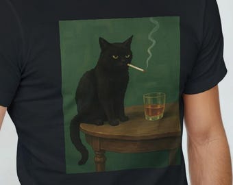 Camiseta divertida de gato negro fumando, camiseta de meme de gato bebiendo whisky, estilo pintura al óleo vintage, regalo para él, regalo para ella