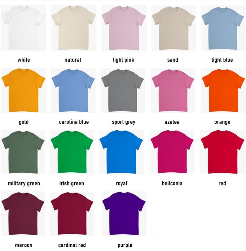Puede incluir: Una colecci&oacute;n de camisetas de manga corta en varios colores: blanco, natural, rosa claro, arena, azul claro, dorado, azul carolina, gris deportivo, azalea, naranja, verde militar, verde irland&eacute;s, real, heliconia, rojo, granate, rojo cardenal y morado. Cada camiseta tiene su color etiquetado.