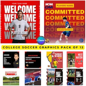 May include: A collection of 12 college soccer graphics. The pack includes templates for player introductions, match day announcements, player stats, and game results. The graphics feature red, yellow, and black color schemes.
