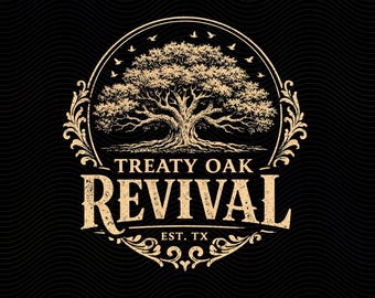 Treaty Oak Revival Vintage Tree Emblem PNG Design for Men, Western Rustic Band Style Artwork Png, Texas Music Shirt Png