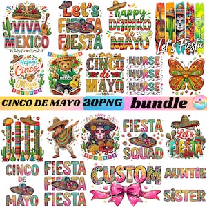 Peut inclure: Un ensemble de 30 PNG sur le thème du Cinco de Mayo. L'image présente des illustrations colorées de sombreros, de guitares et de cactus, ainsi que des textes tels que "Viva Mexico" et "Fiesta".