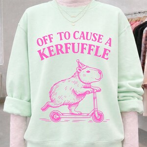 May include: A light green sweatshirt with the text "OFF TO CAUSE A KERFUFFLE" in bright pink. Below the text is a pink illustration of a capybara riding a scooter and wearing a party hat.