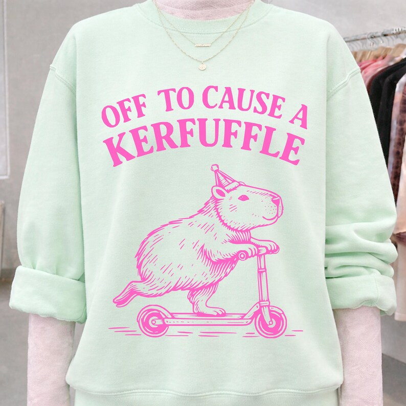 May include: A light green sweatshirt with the text "OFF TO CAUSE A KERFUFFLE" in bright pink. Below the text is a pink illustration of a capybara riding a scooter and wearing a party hat.