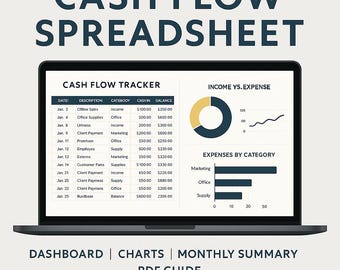 May include: A laptop displays a cash flow spreadsheet with charts and data visualizations. The screen shows a "Cash Flow Tracker" with income and expense details, including a pie chart and bar graphs. Text at the top reads "CASH FLOW SPREADSHEET".