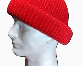 Berretto arrotolabile da uomo in 100% lana rossa - Cappello invernale lavorato a maglia con risvolto