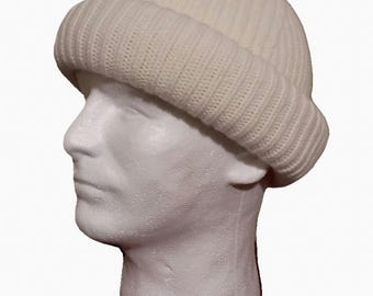 Berretto arrotolabile bianco in 100% lana da uomo - Cappello invernale lavorato a maglia unisex