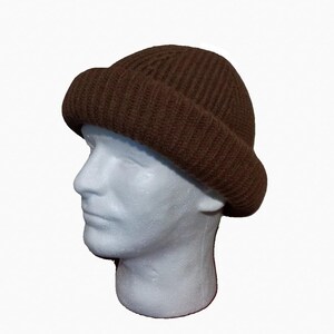 Brown 100% Wool Rolled Up Beanie for Men - Knitted Winter Hat