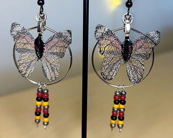 Butterfly Beaded Silver Hoop earrings, Medicine Wheel Colors