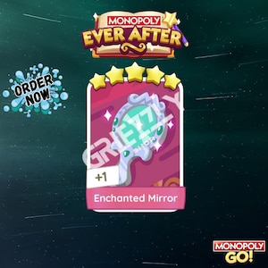May include: A Monopoly Ever After game card featuring an Enchanted Mirror with a +1 bonus. The card is framed in pink with a white and green mirror design. The image includes the text "GRIZZY SHOP" and "ORDER NOW".