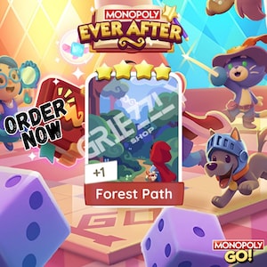 Puede incluir: Un colorido tablero de juego Monopoly Ever After con dados e ilustraciones de personajes. La tarjeta Forest Path presenta al personaje de Caperucita Roja. La imagen incluye el texto "Order Now" y "Monopoly GO!"