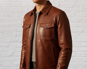 Chaqueta de camionero de cuero genuino marrón para hombre: estilo clásico informal con cremallera