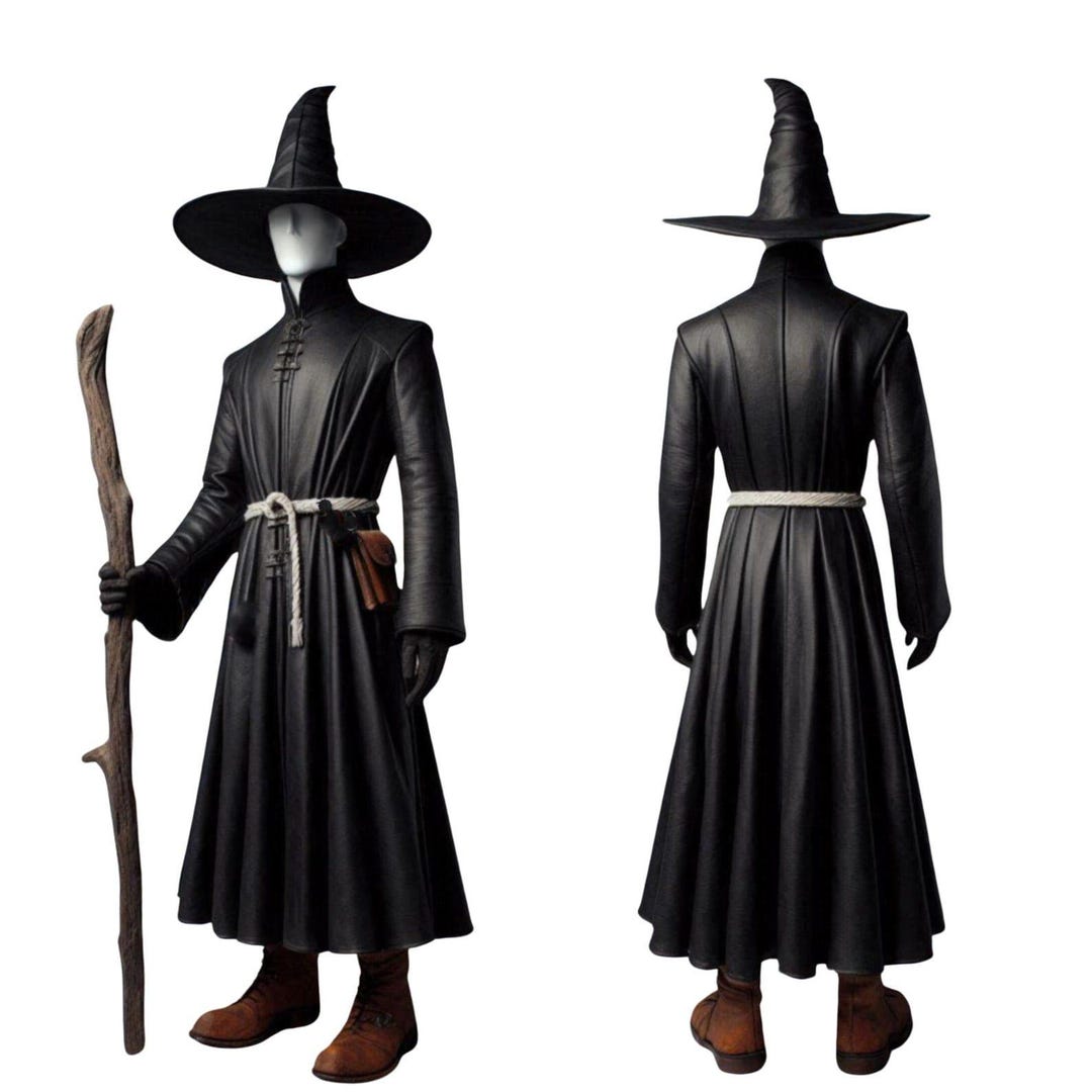 Men's Black Leather Wizard Robe With Hat – Gothic Sorcerer Cloak ...