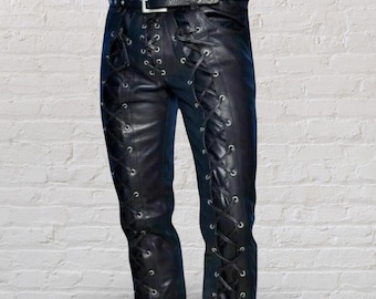 Men’s Black Genuine Leather Lace-Up Pants – Biker & Gothic Style