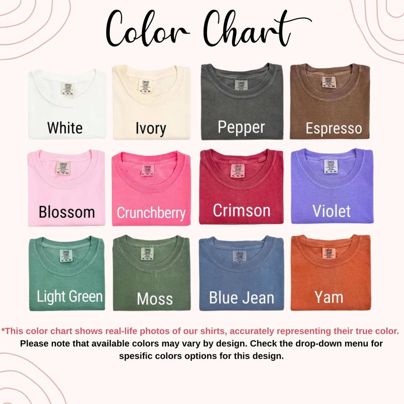 Pu&ograve; includere: Tabella colori di magliette con bianco, avorio, pepe, espresso, fioritura, crunchberry, cremisi, viola, verde chiaro, muschio, blu jeans e igname. Il testo "Color Chart" &egrave; in alto.