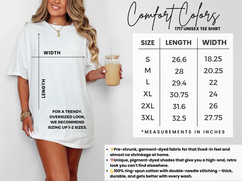Pu&ograve; includere: T-shirt unisex Comfort Colors 1717 bianco con tabella taglie. La tabella mostra le misure in cm per lunghezza e larghezza, dalla taglia S alla 3XL. La maglietta &egrave; realizzata in tessuto prelavato e tinto in capo.