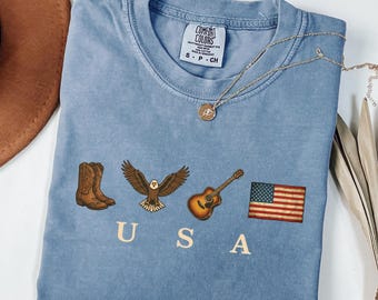 USA Icons Oversize USA Tee Eagle Guitar Shirt Drapeau Américain Amant Tee Bottes De Cow-girl Chemise Confort Couleurs USA Cadeau 4 juillet
