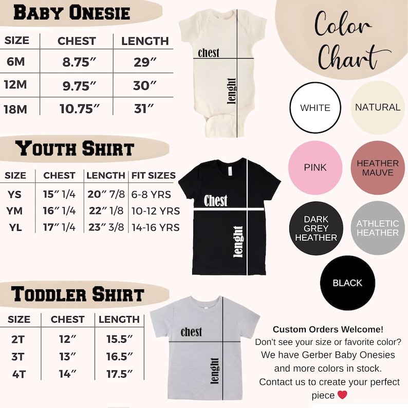 Pu&ograve; includere: Una tabella delle taglie per body per neonati, magliette per ragazzi e magliette per bambini piccoli. La tabella include le misure del petto e della lunghezza in pollici. Una tabella colori mostra i colori disponibili, tra cui bianco, rosa e nero.